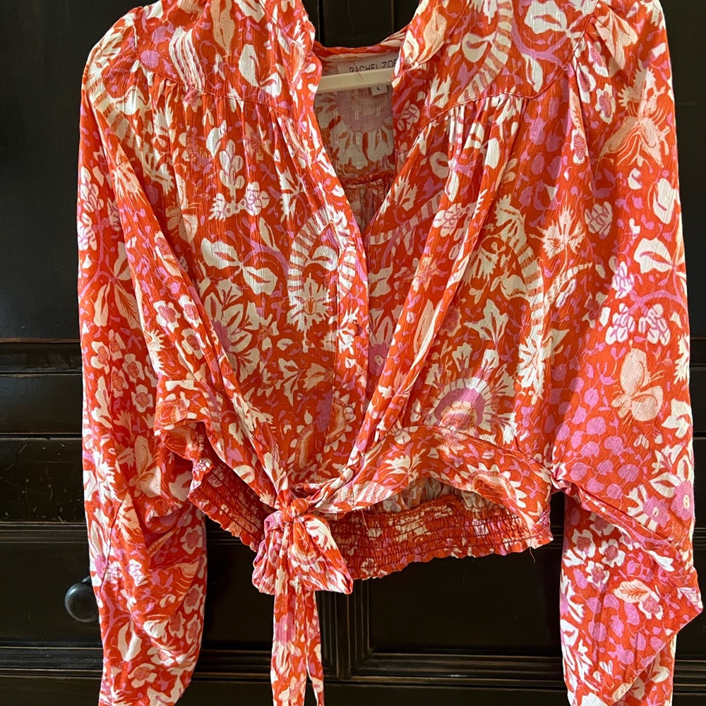 Floral Tie-Front Blouse - Orange and Pink